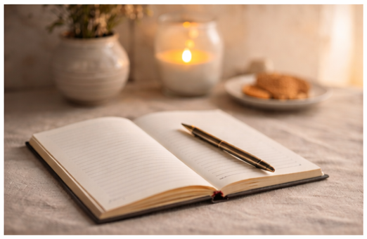 Минималистичен тефтер и химикал — яснота и структура в терапевтичния процес.