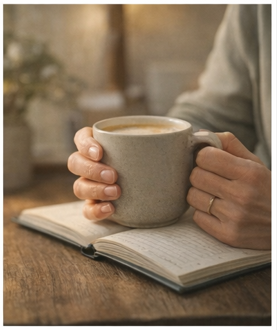 Детайл: ръце с чаша и тефтер — уют и човечност.
